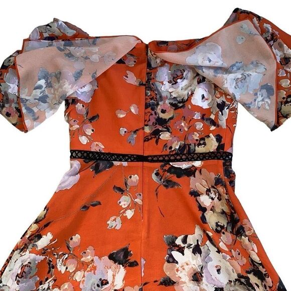 Allen Schwartz GUC Fall Floral Mini Dress Party Occasion Flounce Orange Sz6 - Picture 4 of 8